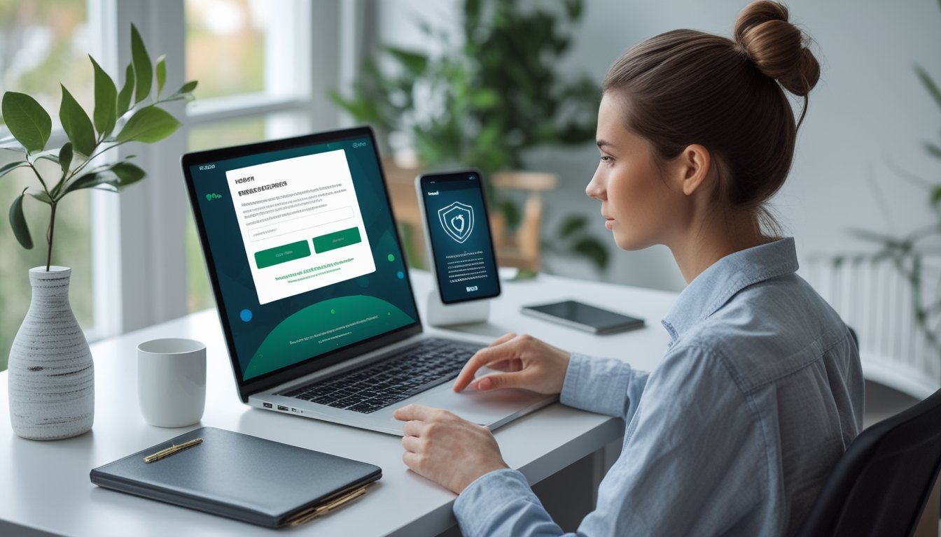 Pemula meninjau informasi keamanan dan pendaftaran akun poker online di laptop.
