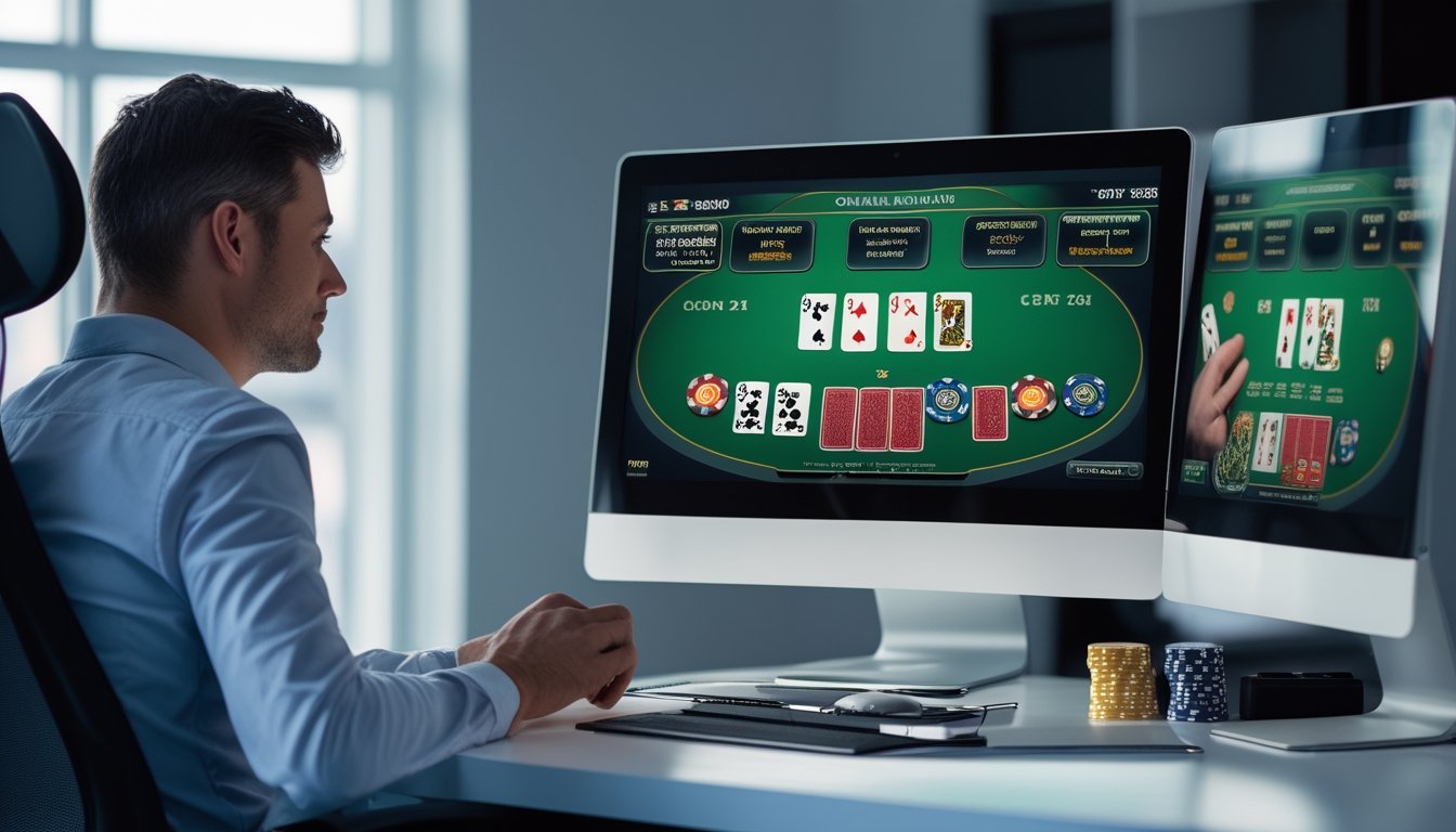 Seorang pemain mempelajari permainan poker Omaha online di depan komputer dengan empat kartu dan keping poker di meja.
