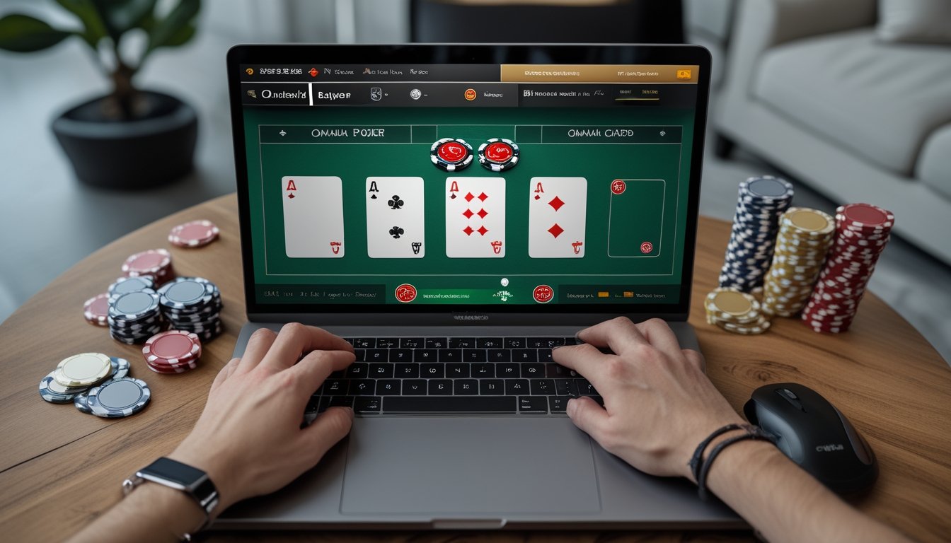 Pemain mempelajari permainan Omaha poker melalui laptop dengan kartu dan chip poker di meja.