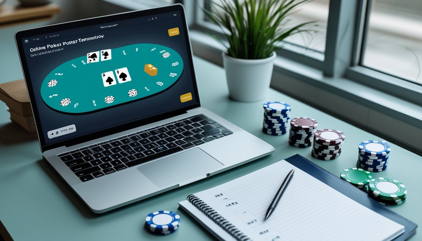 Laptop menampilkan meja poker digital dengan kartu dan keping poker di samping buku catatan kosong.