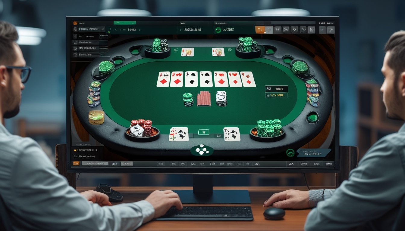 Tampilan meja poker digital dengan kartu, keping taruhan, dan posisi pemain.