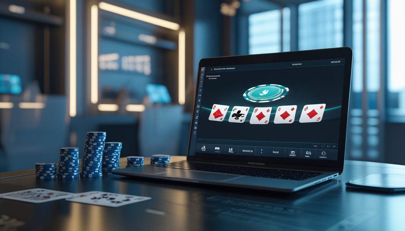 Meja kerja modern dengan laptop menampilkan permainan poker digital, kartu dan tumpukan chip di sekitarnya.