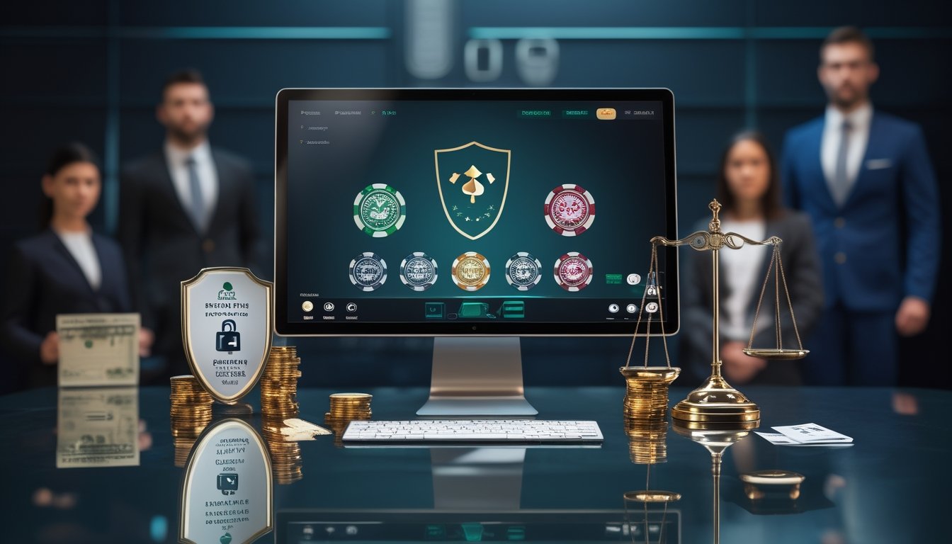 Monitor platform poker aman dengan simbol perisai, gembok digital, sertifikat, dan timbangan keadilan di kantor modern.