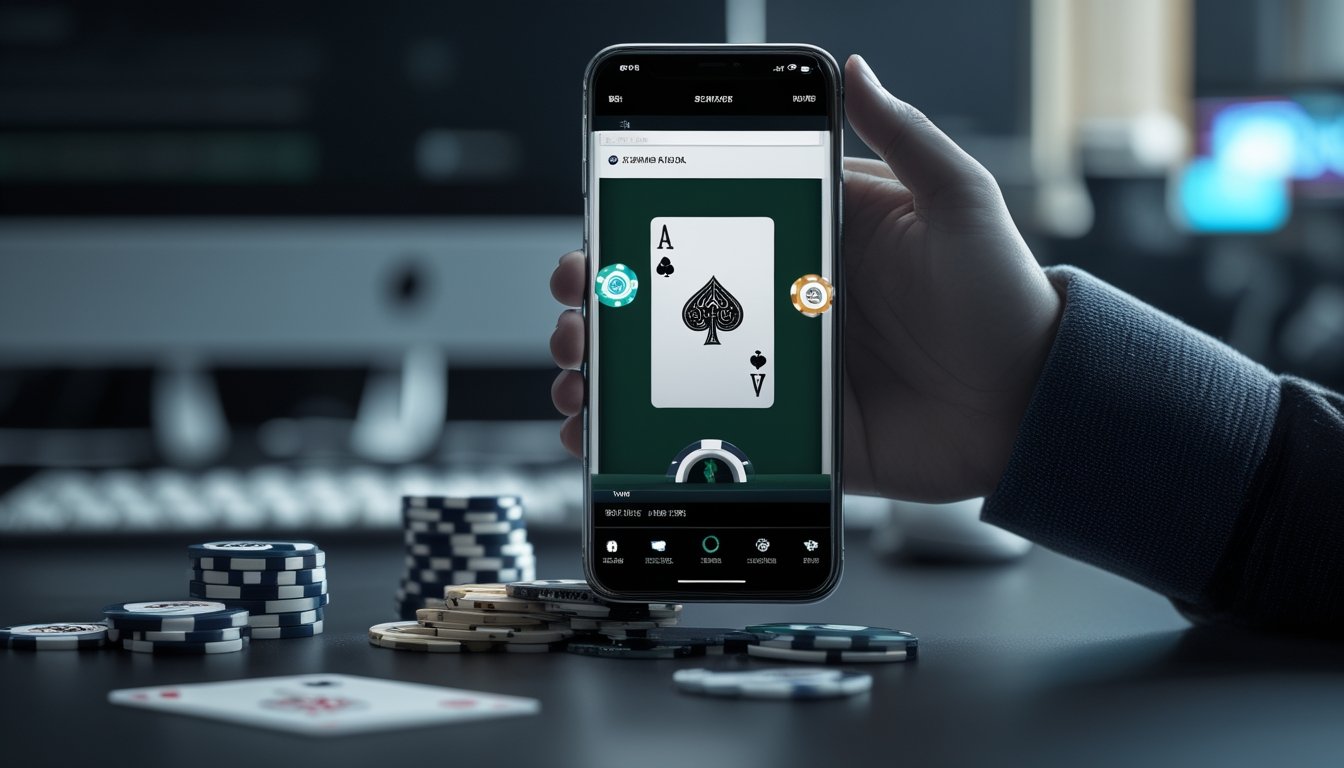 Seseorang memegang ponsel yang menampilkan permainan poker dengan kartu dan keping poker di atas meja.