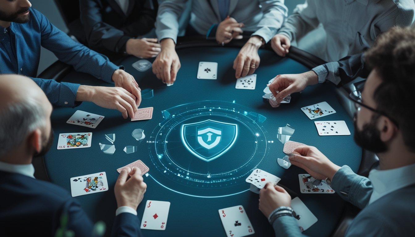 Meja poker modern dengan kartu, keping, dan elemen teknologi keamanan yang menggambarkan permainan daring yang adil.