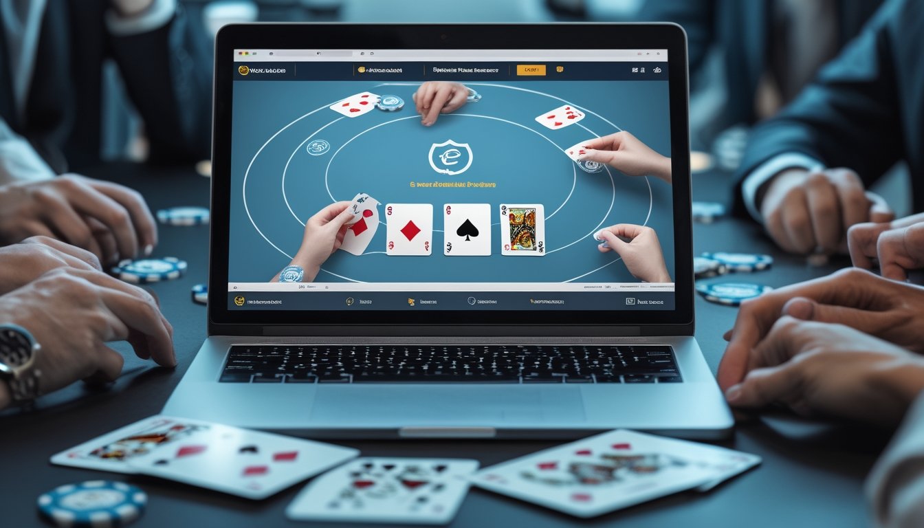 Laptop menampilkan meja poker online dengan kartu, chip, dan simbol keamanan di ruang kerja modern.