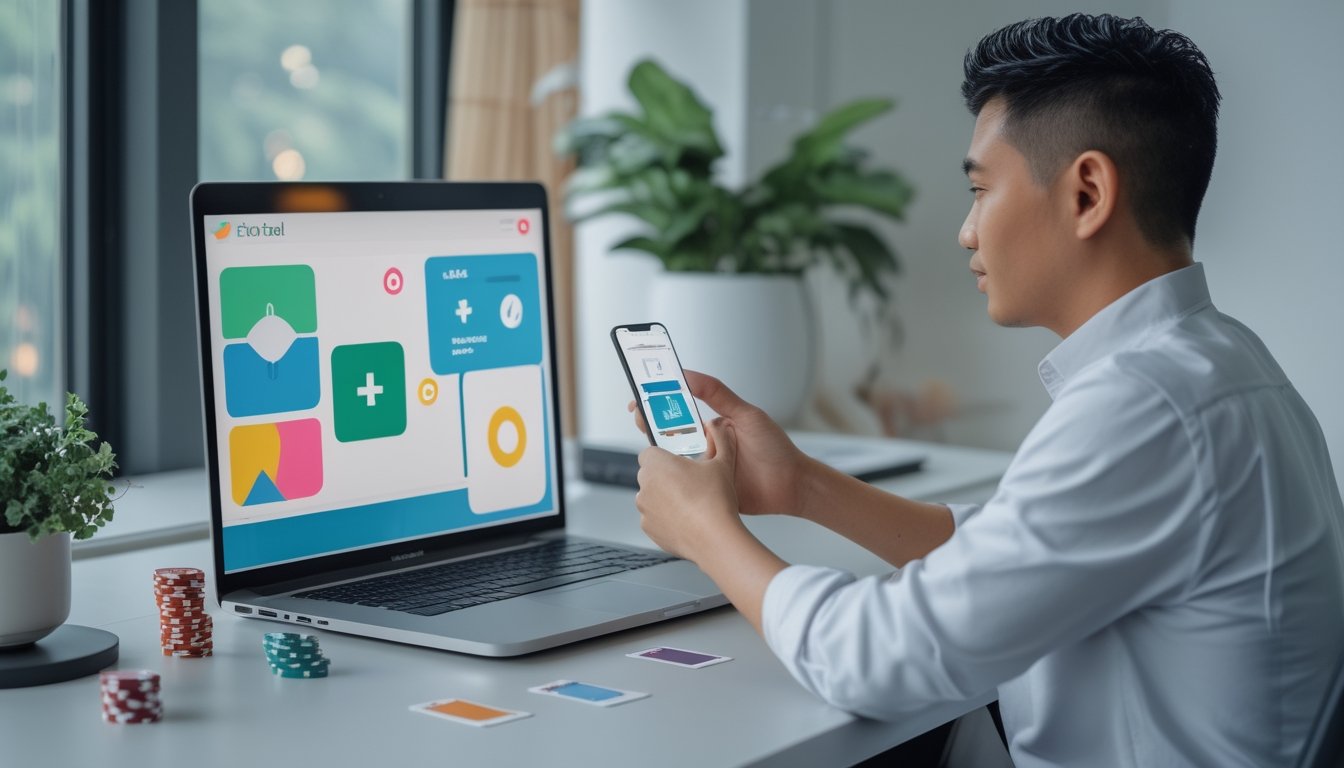 Seseorang membandingkan pilihan platform poker online dan pembayaran digital melalui ponsel dan laptop di meja kerja.