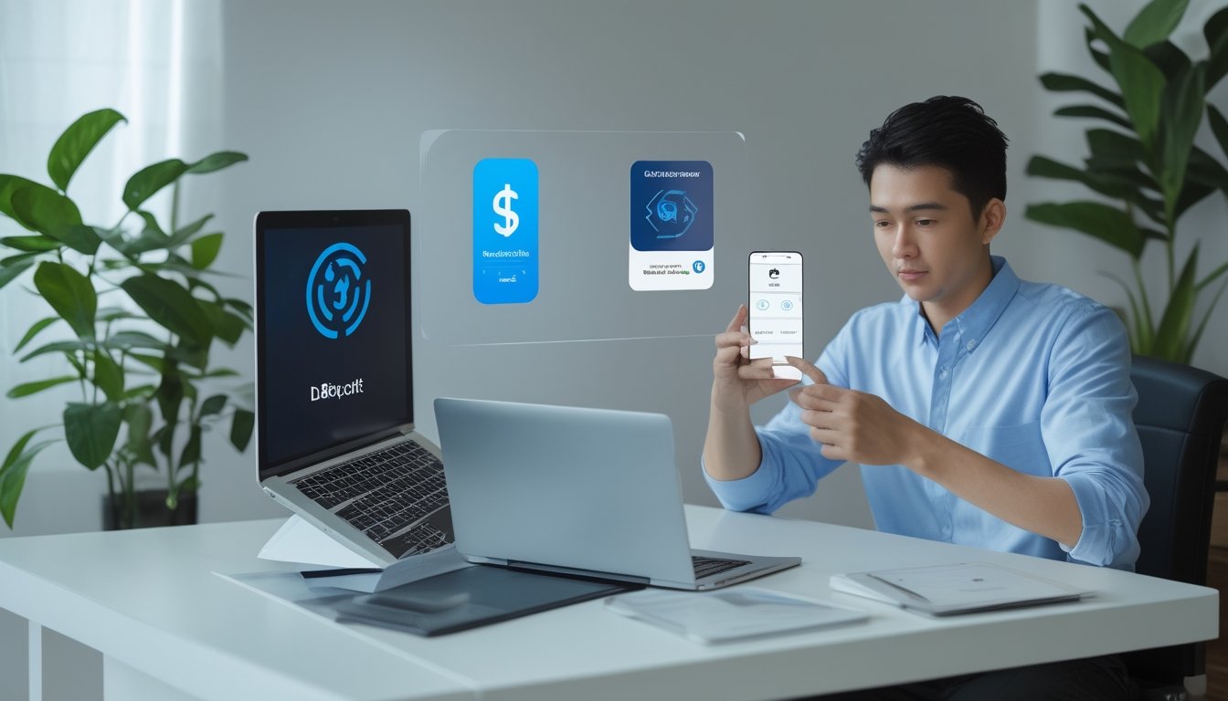 Seseorang membandingkan pilihan pembayaran digital melalui laptop dan ponsel di meja kerja.