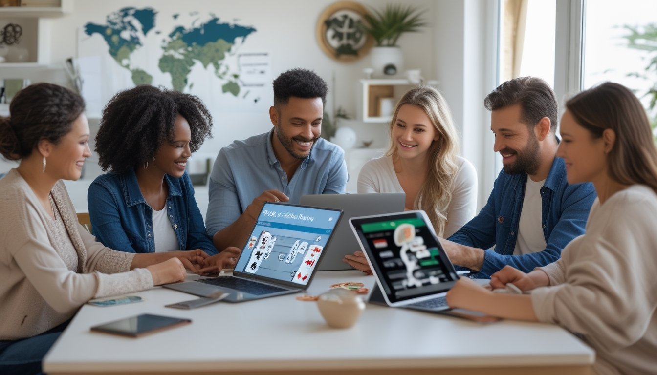 Sekelompok orang dewasa beragam mempelajari permainan poker online melalui laptop dan tablet di ruang kerja modern.