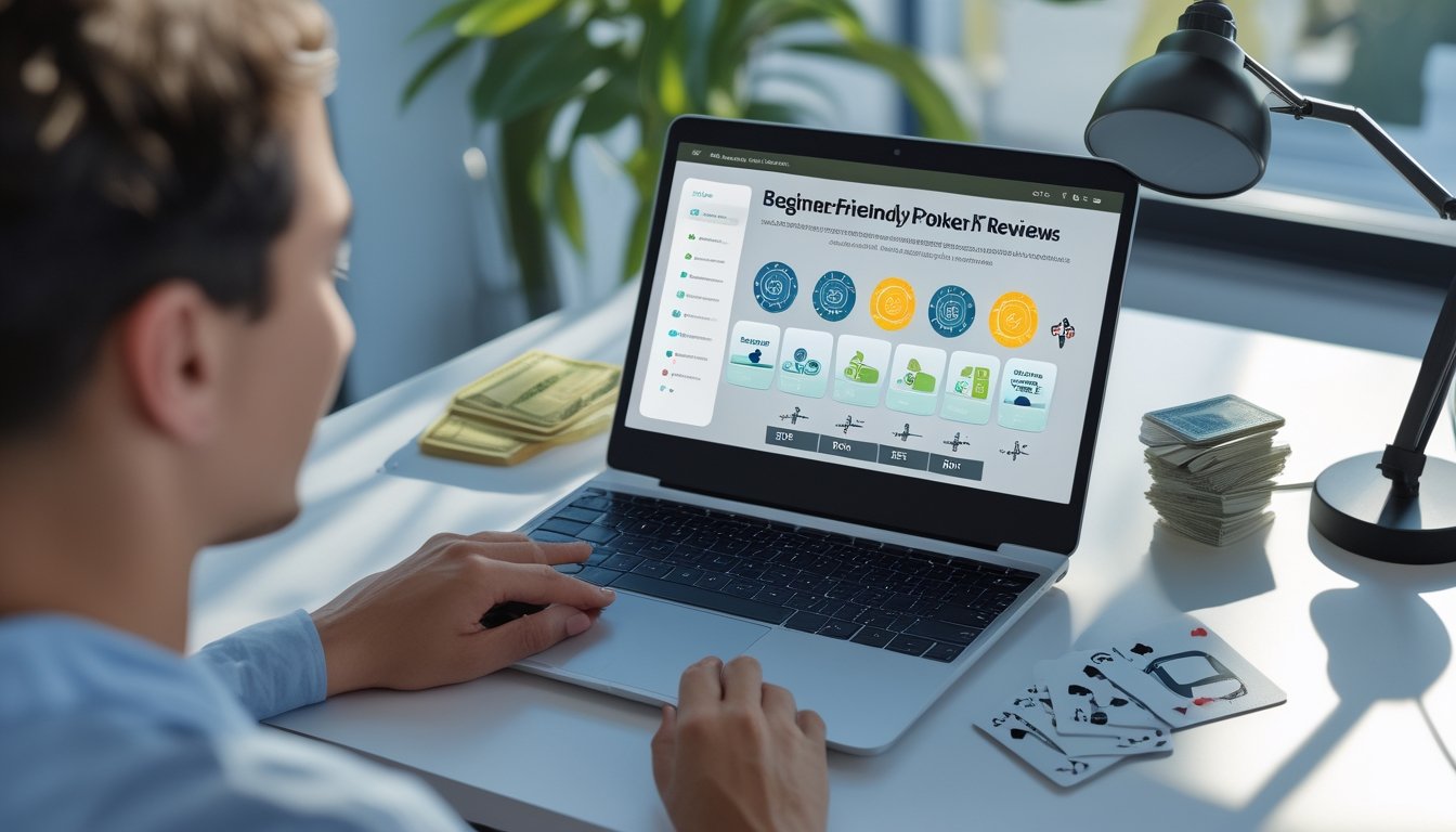 Pemula menggunakan laptop untuk meninjau platform poker online dengan bantuan seorang pendamping.