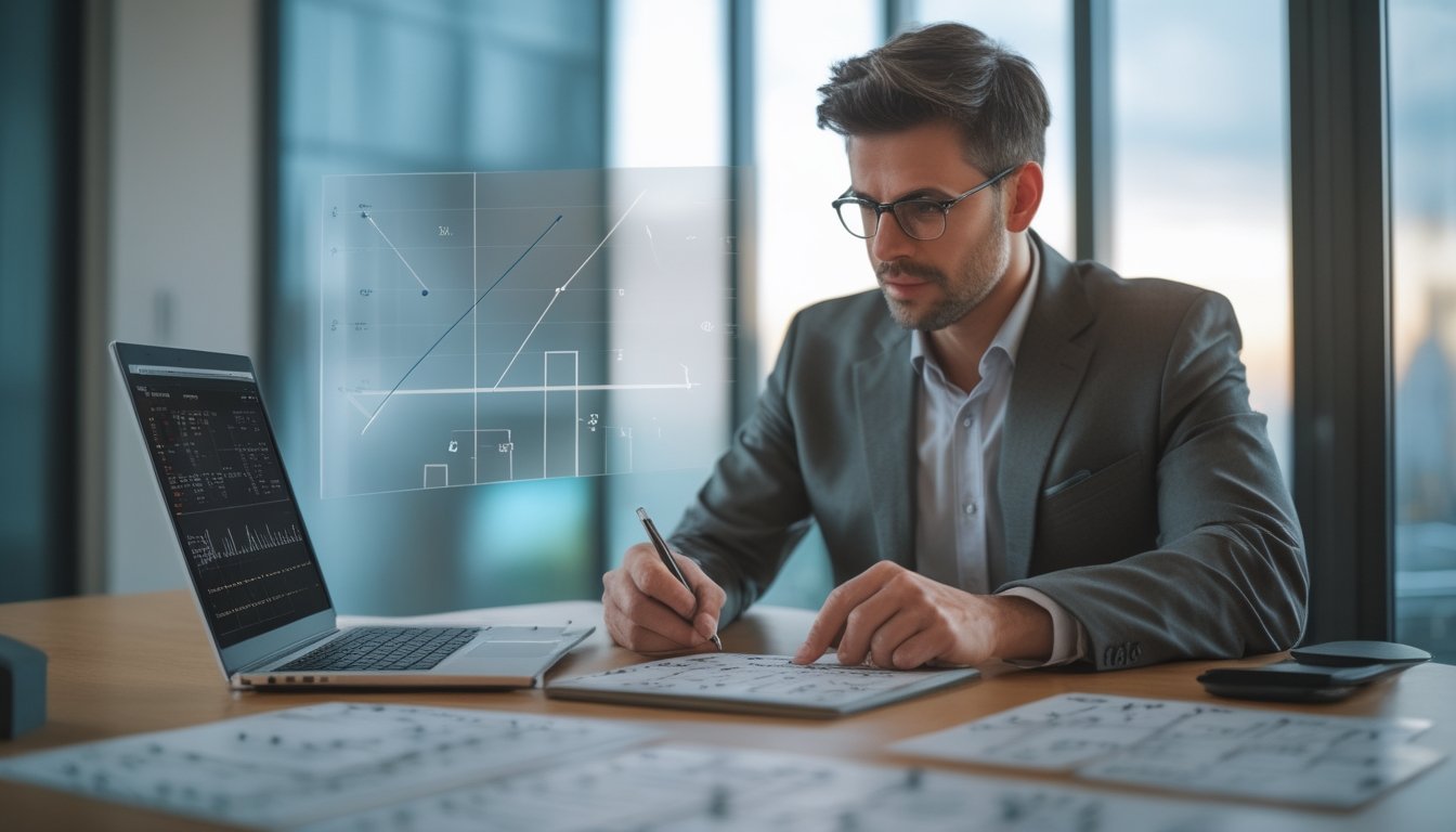 Seorang analis mempelajari grafik probabilitas dan angka di meja kerja modern.