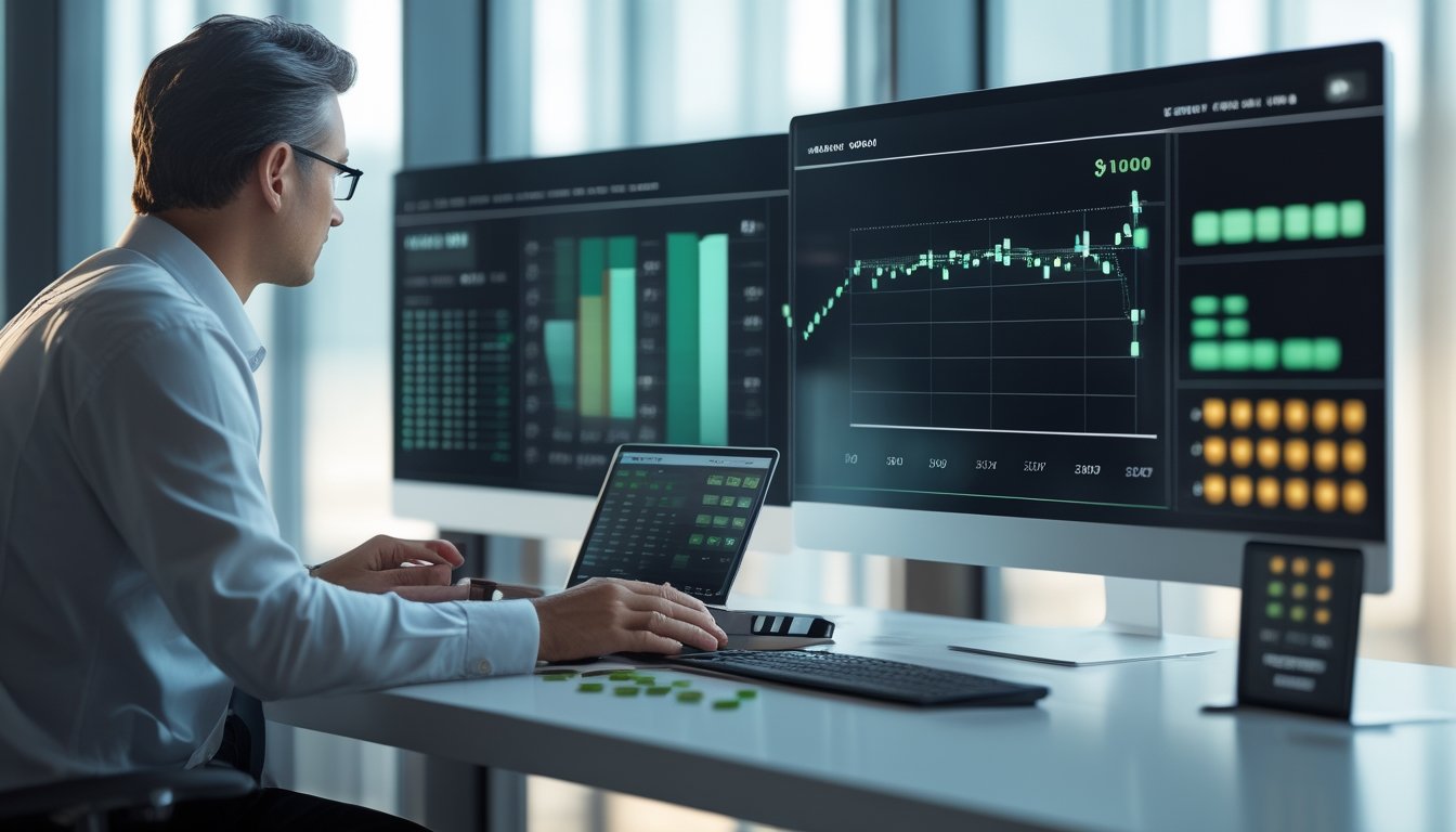 Seorang analis meninjau grafik angka dan probabilitas di meja kerja modern.