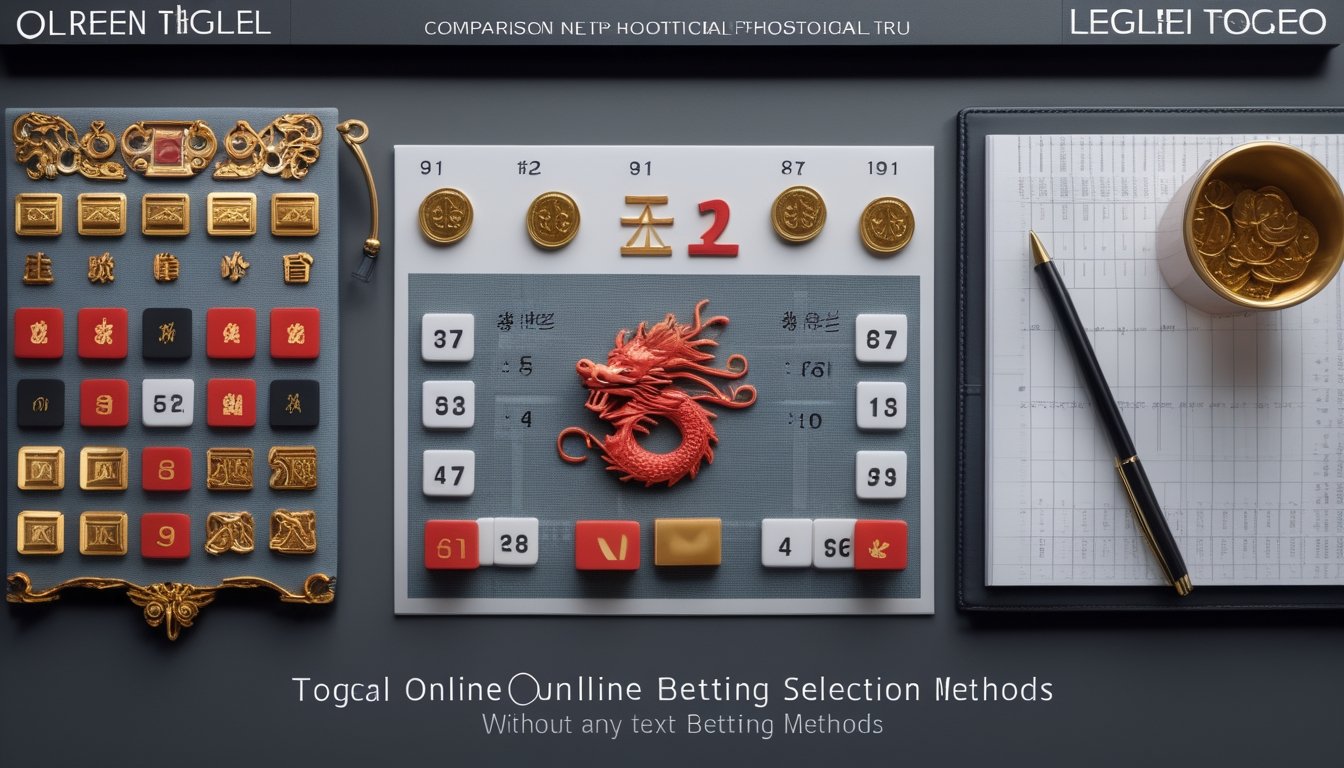 Meja dengan tiga kelompok simbol dan keping angka yang menggambarkan perbandingan beberapa metode pemilihan angka togel.
