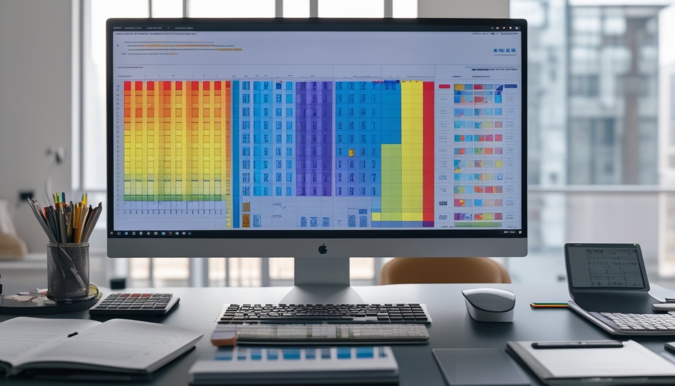 Meja kerja modern dengan monitor yang menampilkan pola data berwarna-warni dan perlengkapan analisis.