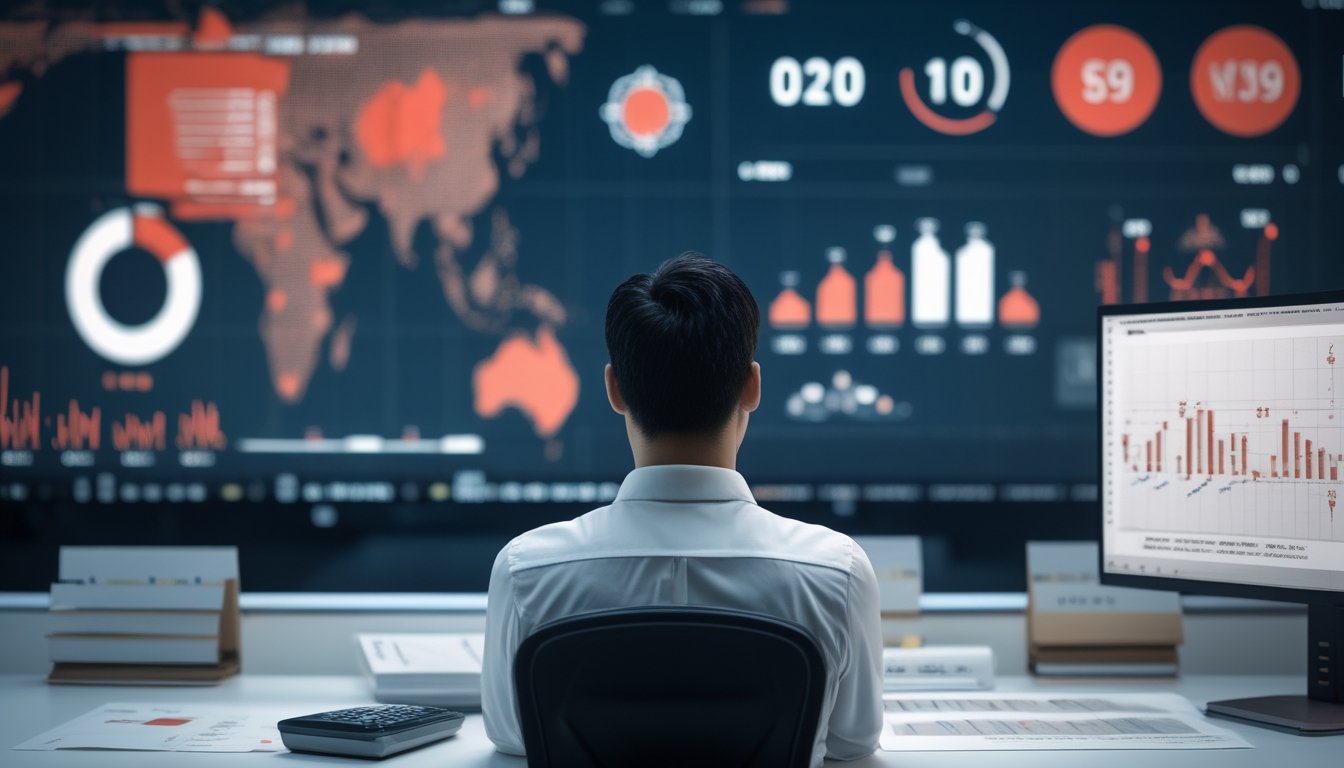 Seorang analis memeriksa grafik statistik abstrak pada monitor di ruang kerja modern.