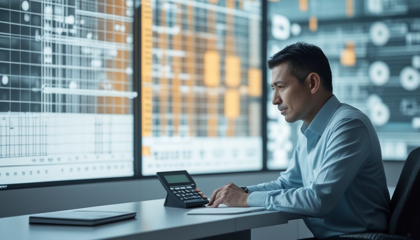 Seorang analis mengamati pola data abstrak pada layar besar di ruang kerja modern.