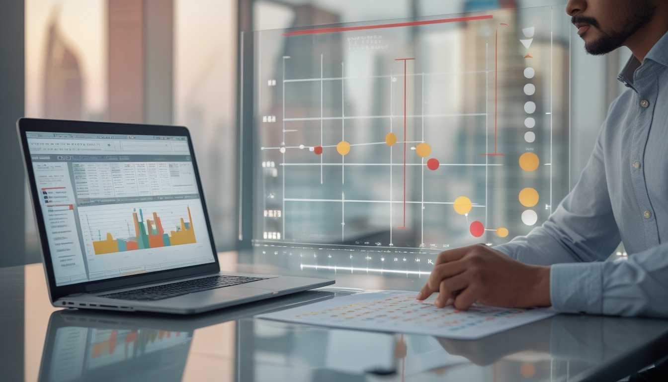 Seorang analis memeriksa grafik pola angka dan data undian di ruang kerja modern.