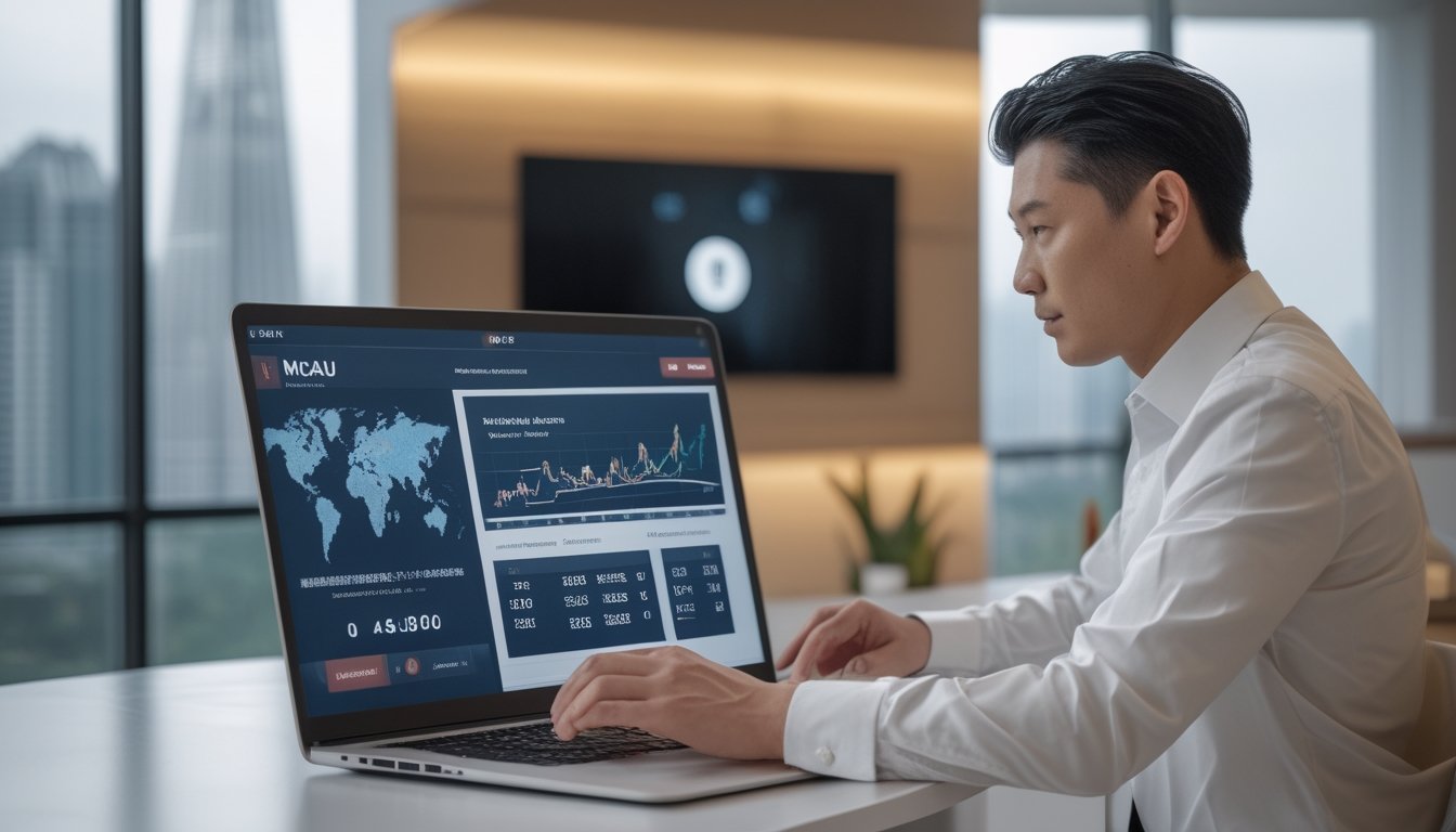 Seorang profesional meninjau analisis pasar lotre digital di kantor modern dengan latar bernuansa Macau.