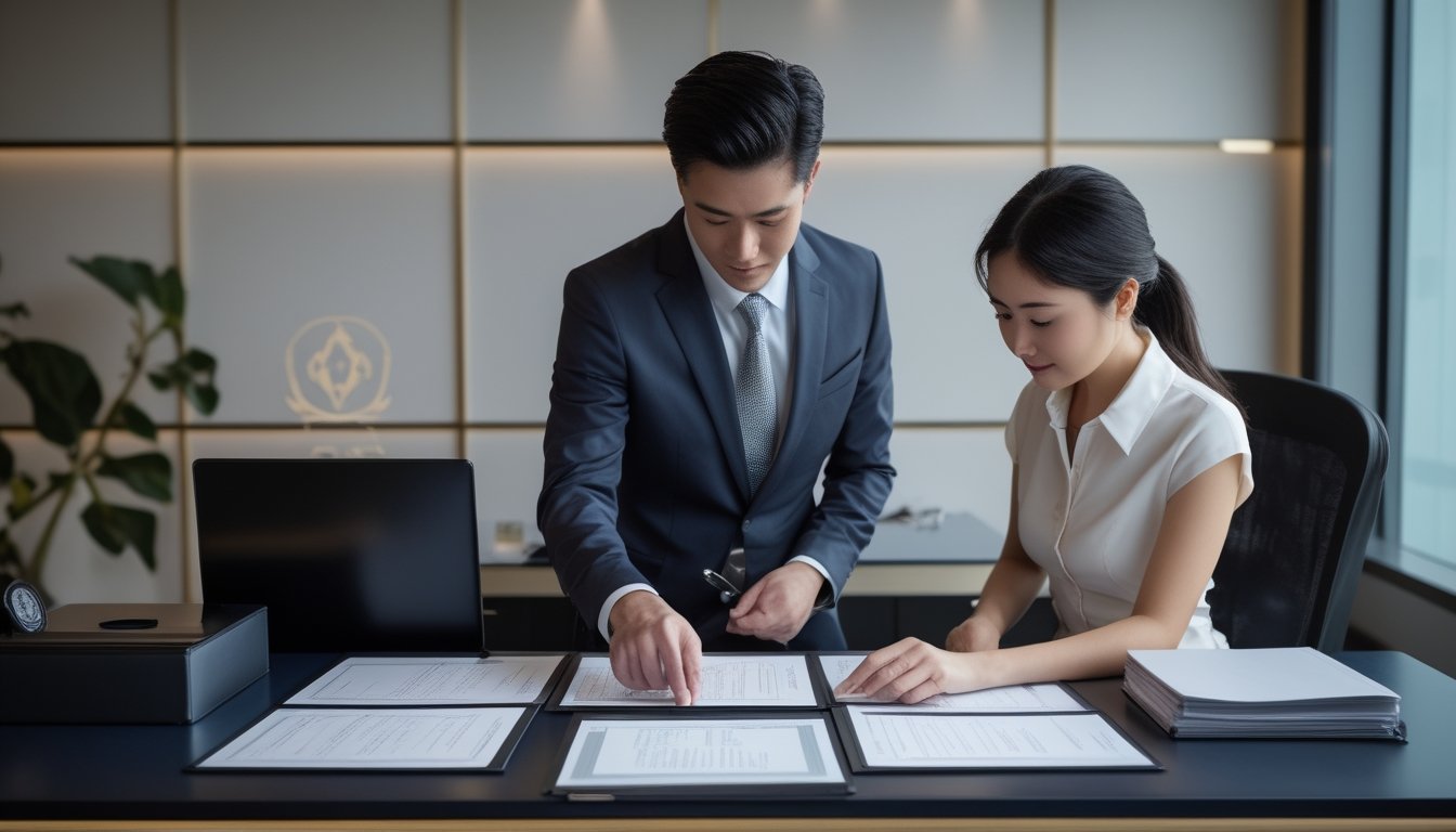 Profesional memeriksa dokumen lisensi dan kepatuhan di kantor modern.