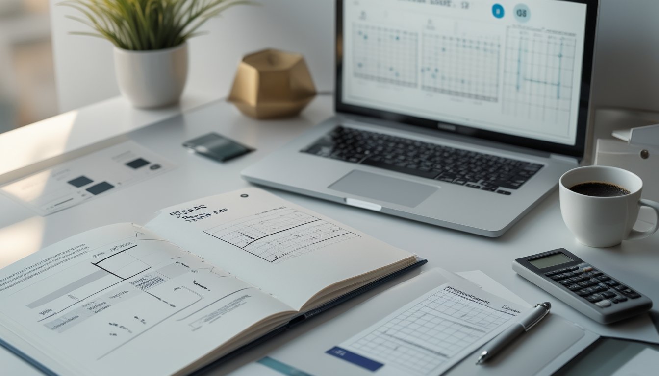 Meja kerja modern dengan laptop, buku catatan, kalkulator, pena, dan kalender yang menggambarkan kegiatan mempelajari istilah togel.