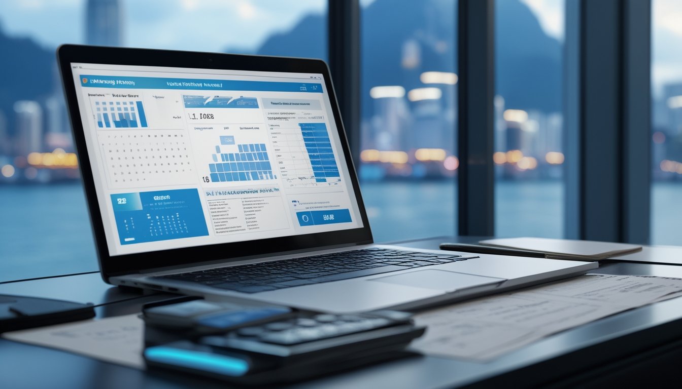 Meja kerja dengan laptop berisi grafik angka abstrak, kalkulator, kalender, dan pemandangan kota Hong Kong yang buram di latar belakang.
