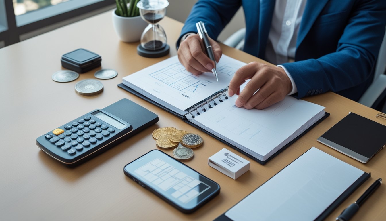 Seorang perencana keuangan mengatur anggaran taruhan secara disiplin di meja kerja dengan kalkulator, token, dan buku catatan kosong.
