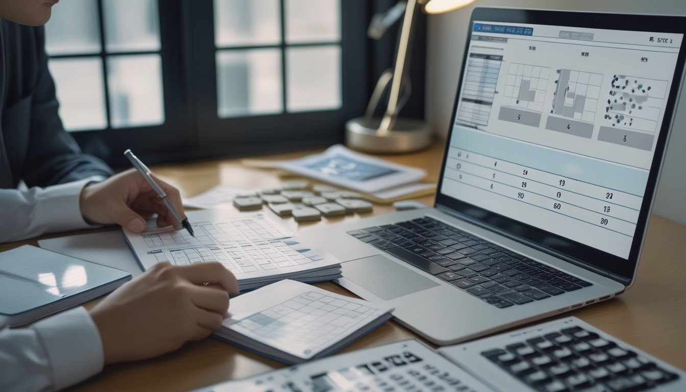 Seorang pemula mempelajari pola angka dan diagram probabilitas di meja kerja dengan bantuan mentor.