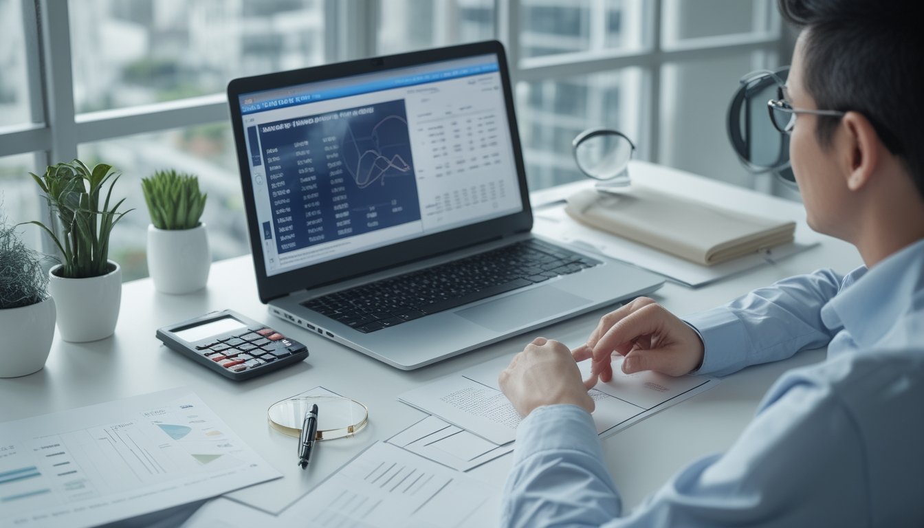 Seorang analis mempelajari data dan grafik abstrak di meja kerja dengan laptop, kalkulator, dan dokumen kosong.