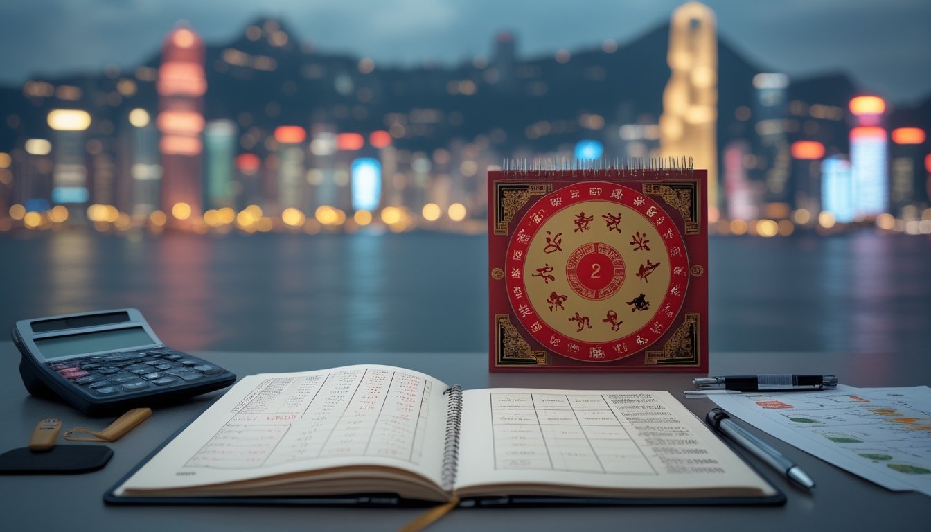 Meja kerja dengan kalender shio, catatan angka abstrak, kalkulator, dan latar kota Hong Kong yang buram.