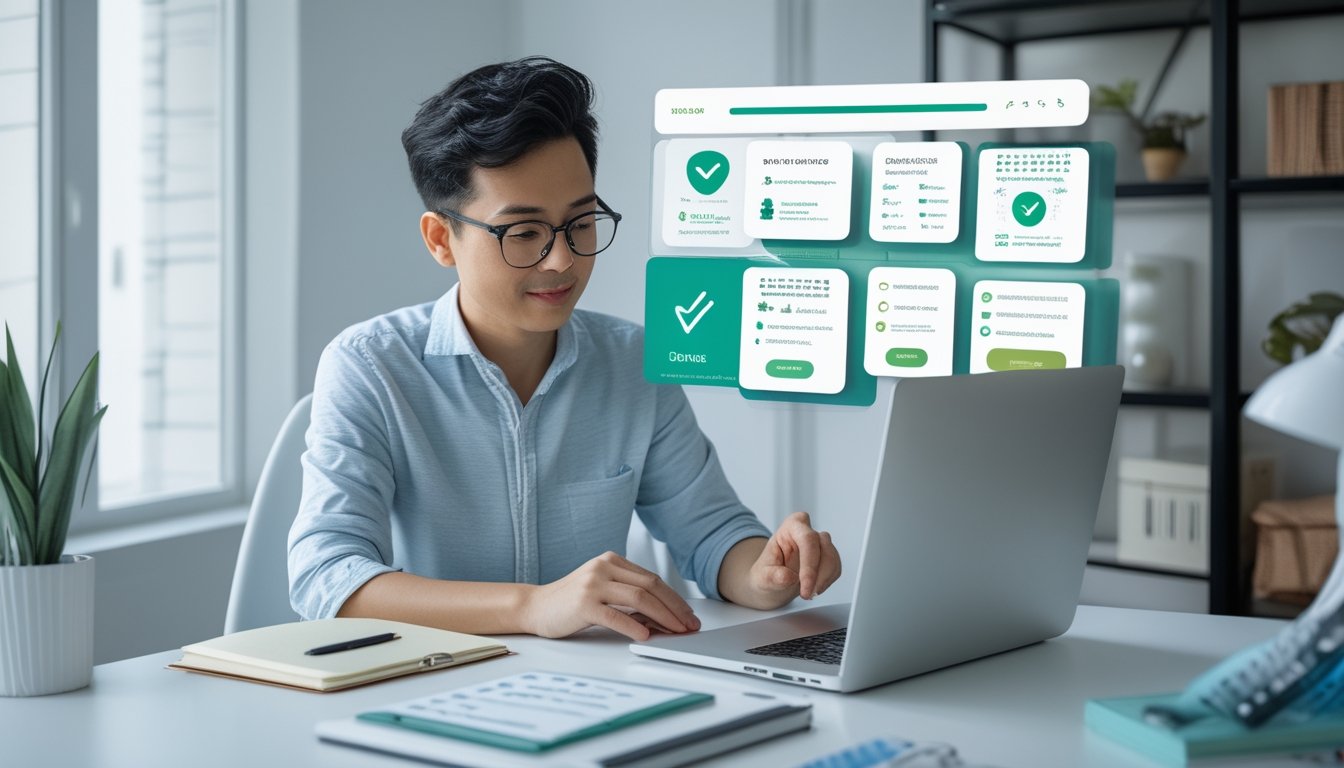 Seseorang membandingkan beberapa platform digital dengan simbol keamanan di ruang kerja modern.