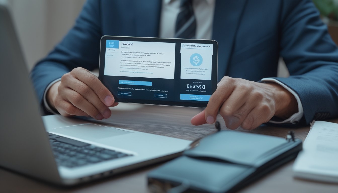 Seseorang memeriksa platform digital di laptop dengan dokumen legal dan simbol perlindungan di meja kerja.
