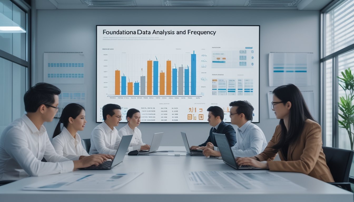 Tim analis memeriksa grafik frekuensi dan pola data di ruang kerja modern.