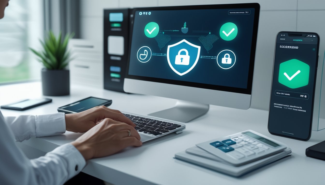 Seseorang memeriksa proses transaksi keuangan yang aman menggunakan laptop dan ponsel di meja kerja modern.