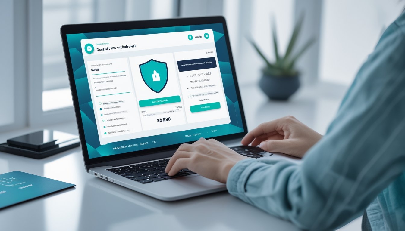 Seseorang memeriksa pembayaran digital yang aman melalui laptop dan ponsel di meja kerja.