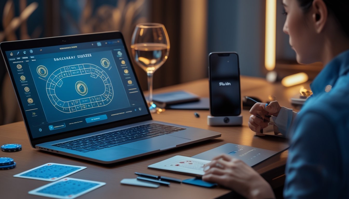 Seorang pemula mempelajari permainan baccarat online di laptop dengan kartu, chip kasino, dan catatan di meja.