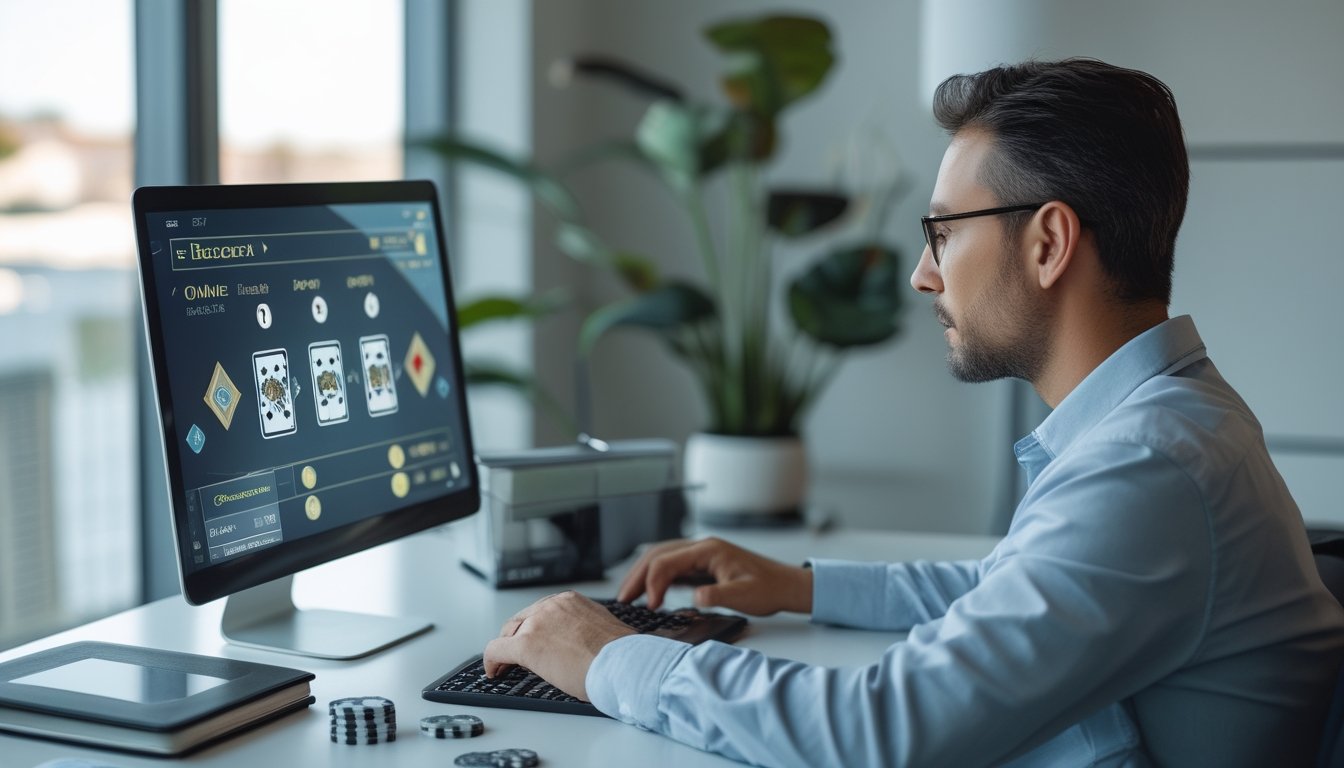 Pemula mempelajari permainan baccarat online di laptop dengan kartu, chip kasino, dan catatan di meja.