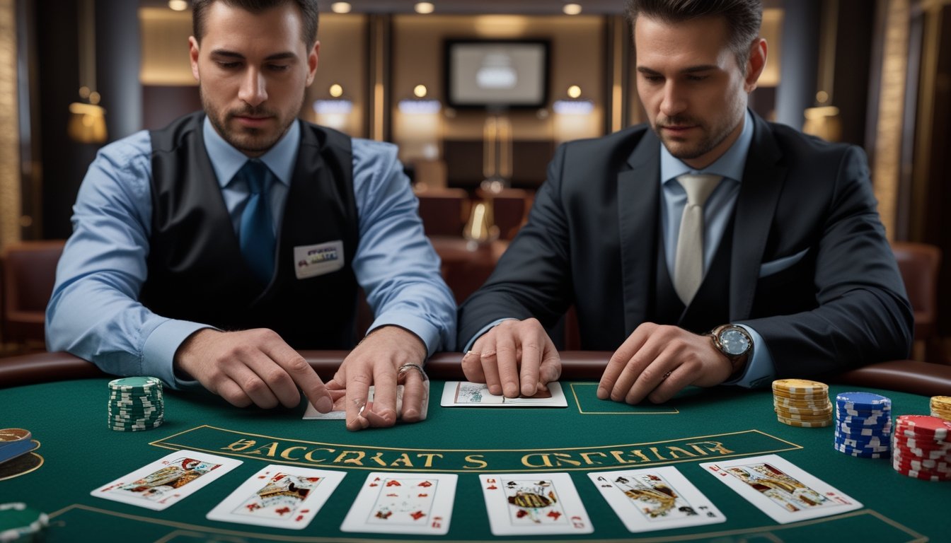 Pemain dan dealer sedang menganalisis permainan baccarat di meja kasino yang elegan.