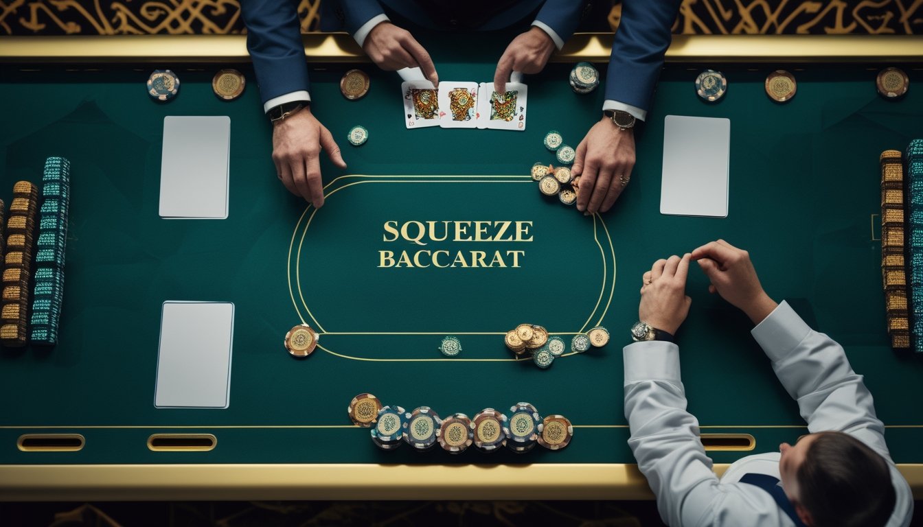 Dealer membuka kartu di meja baccarat dengan chip dan pemain yang mengamati.