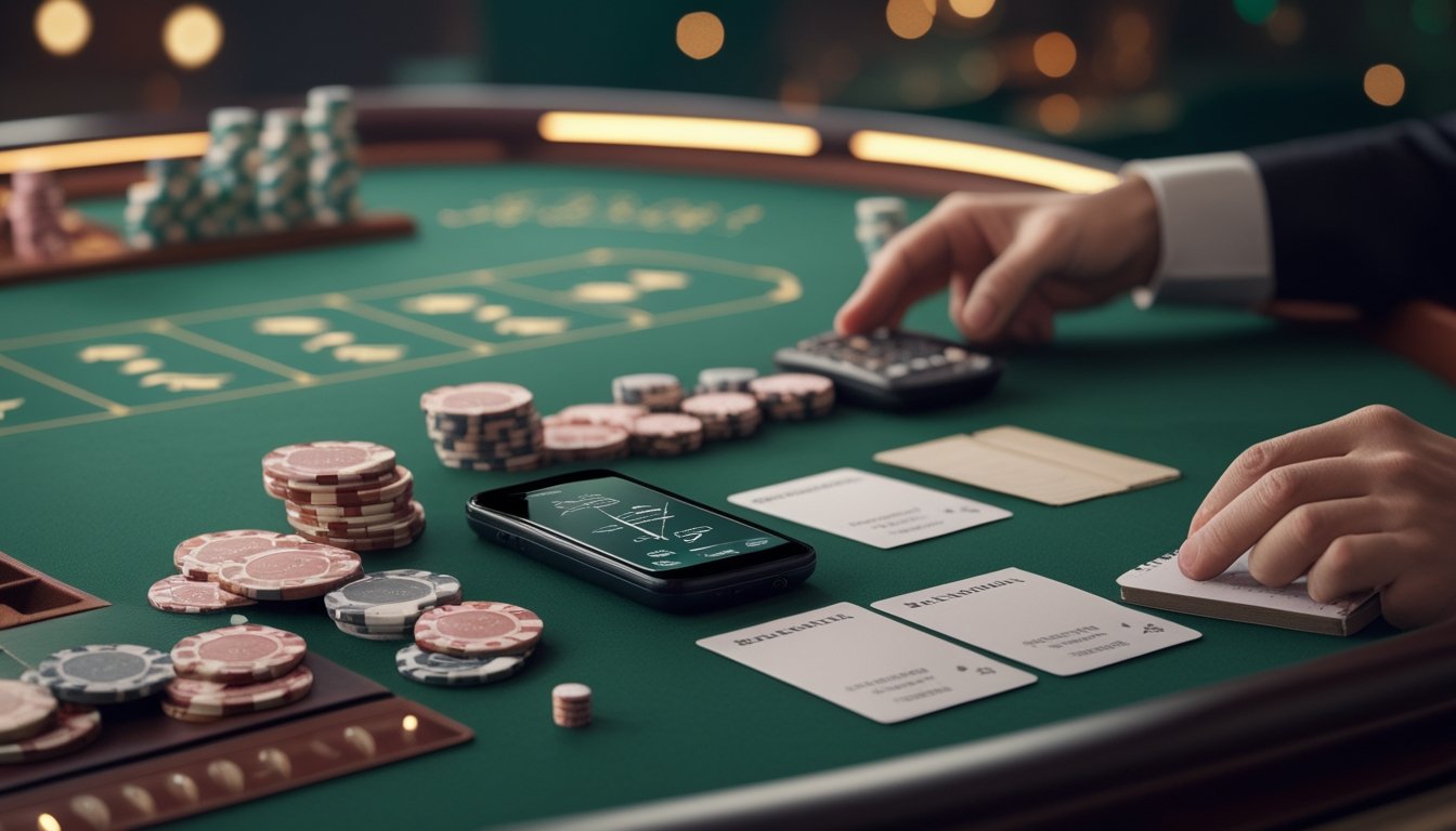 Meja baccarat dengan kartu, tumpukan chip kecil, kalkulator, dan catatan strategi.
