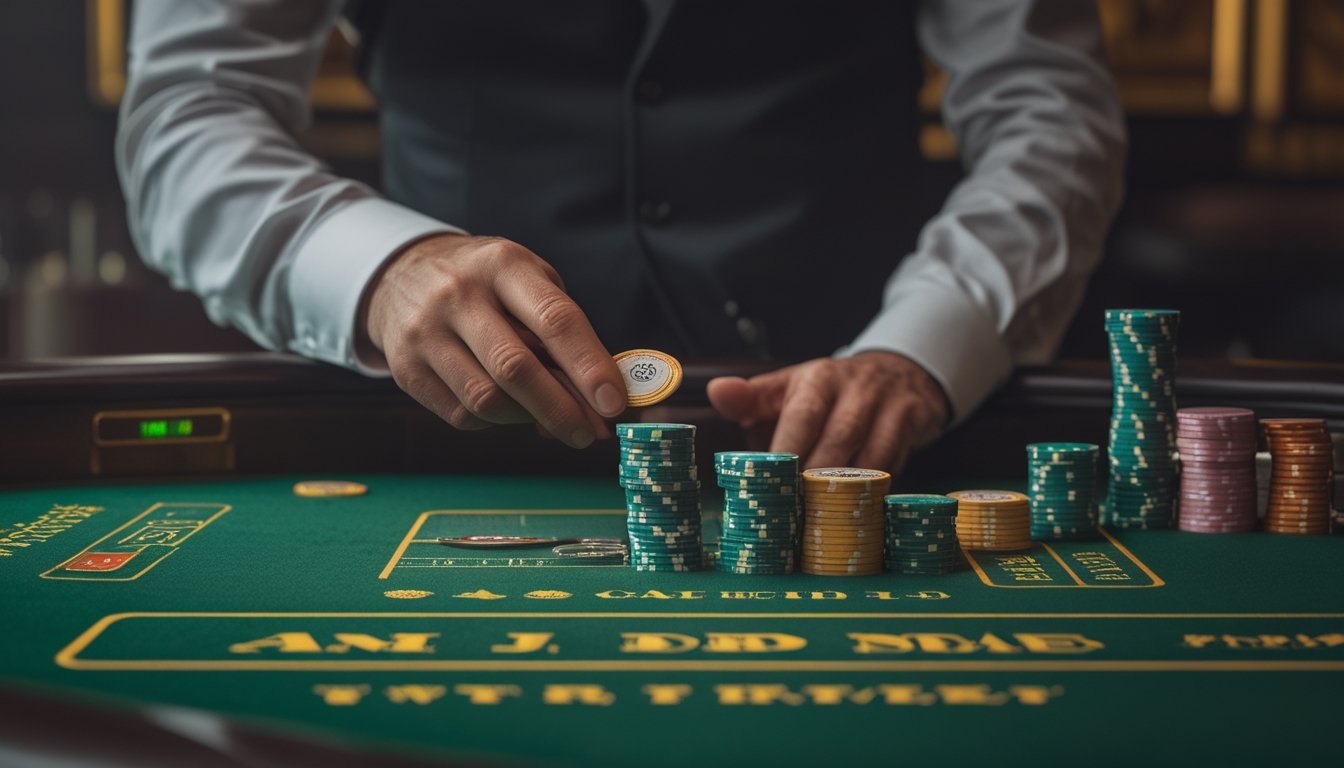 Pemain dengan modal kecil mengamati kartu dan keping taruhan di meja baccarat live.