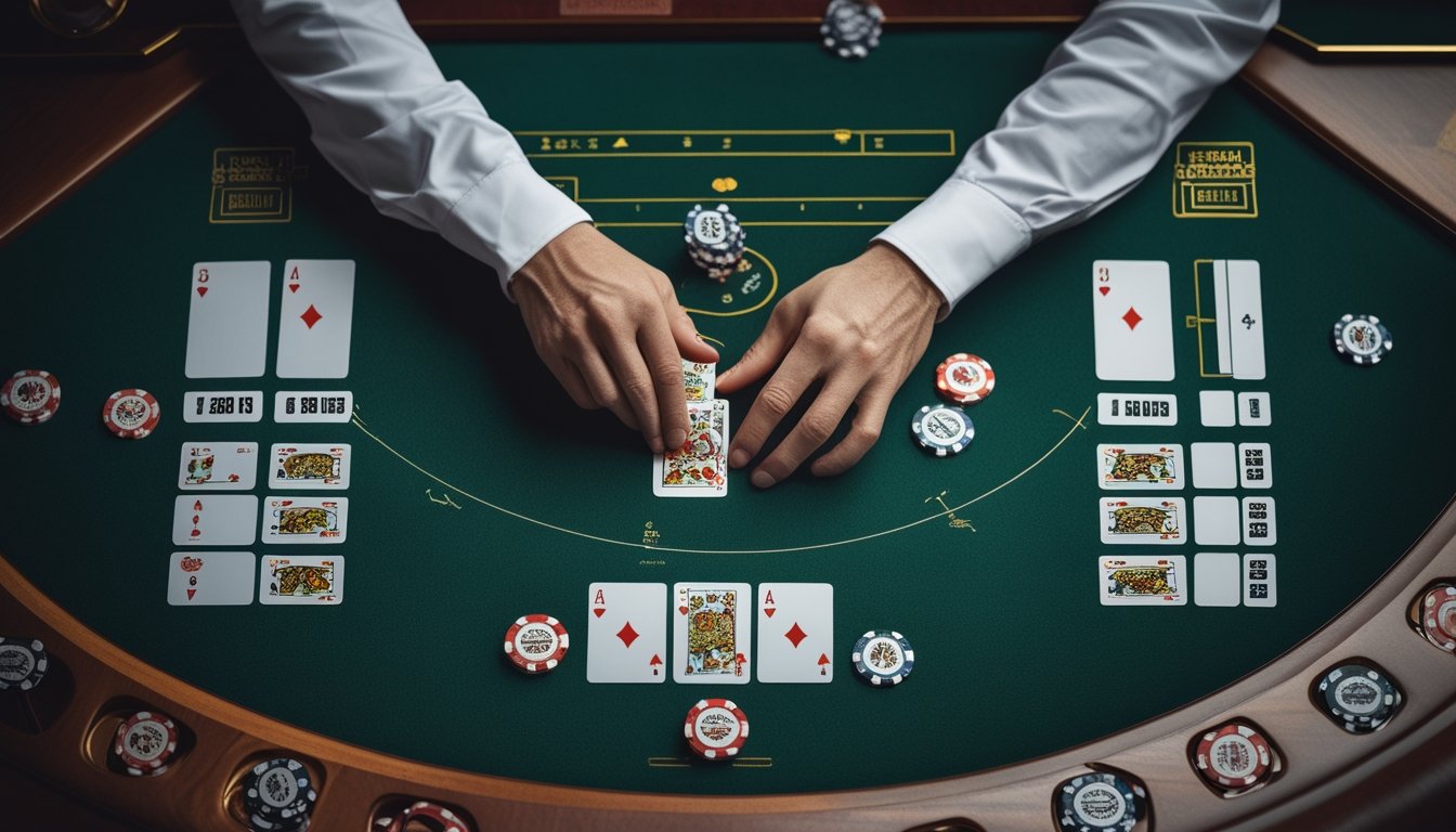 Tangan pemain menghitung secara mental di atas meja baccarat dengan kartu terbuka dan keping taruhan.