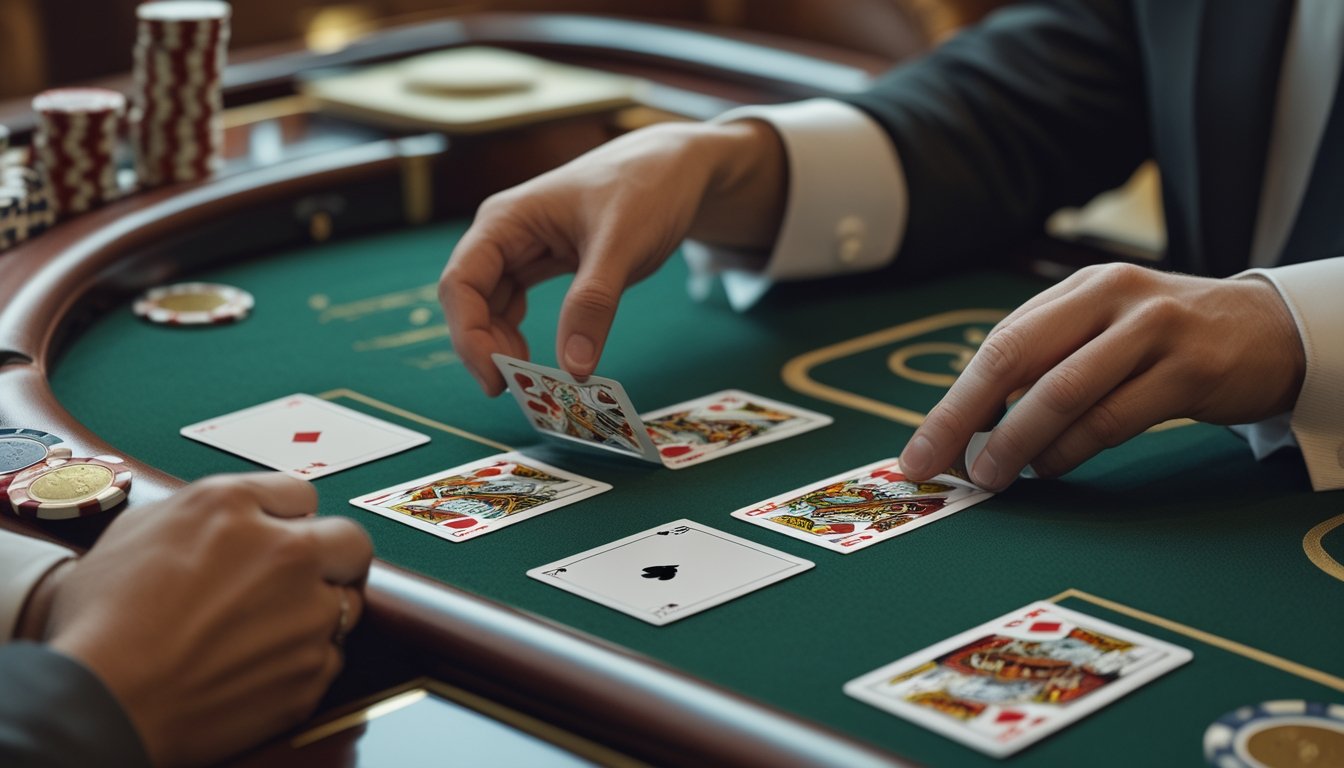 Tangan pemain membuka kartu baccarat di atas meja kasino dengan chip dan dealer yang tampak samar di latar belakang.