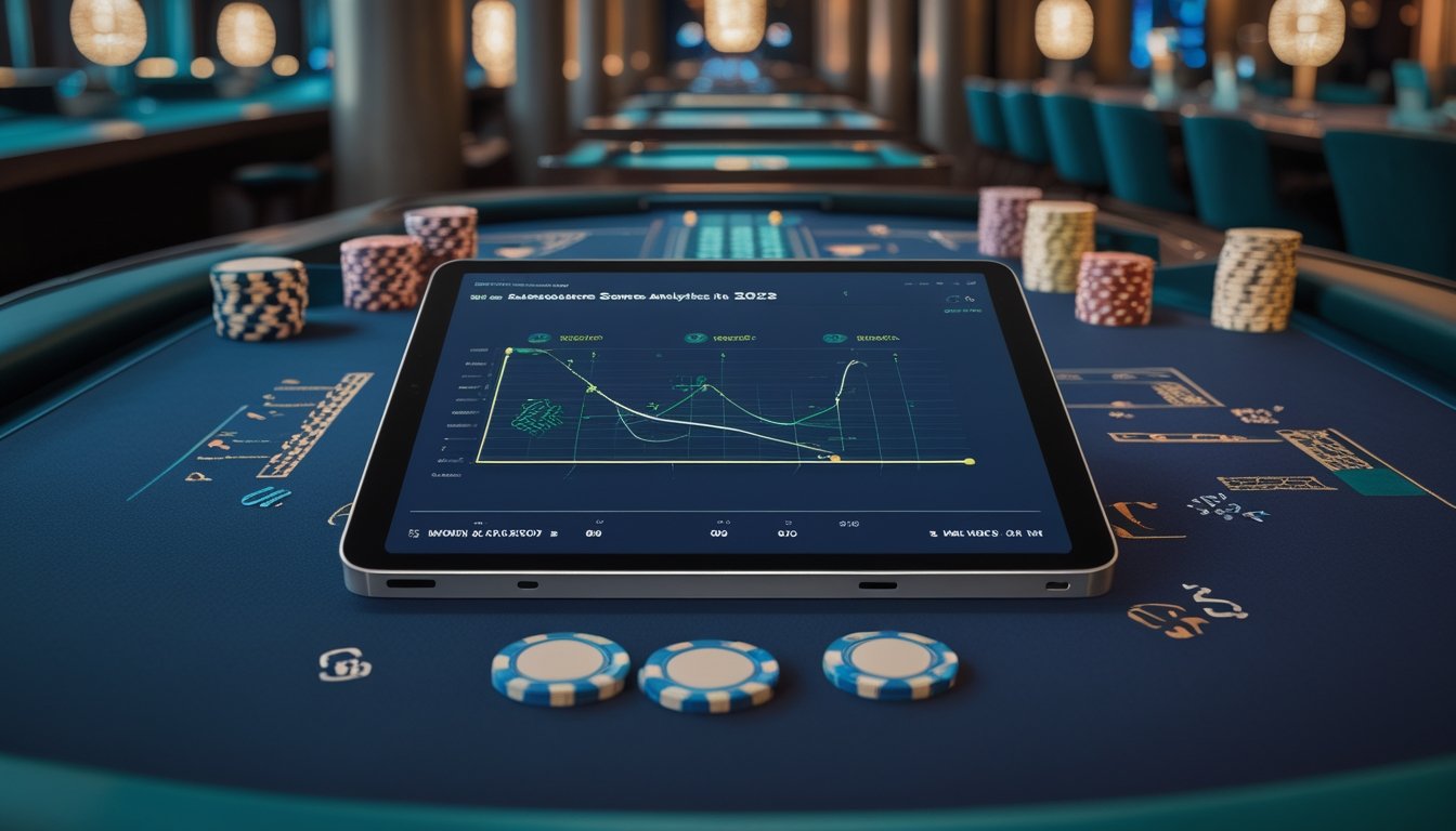 Meja baccarat dengan kartu, keping kasino, dan tablet yang menampilkan grafik analisis statistik.
