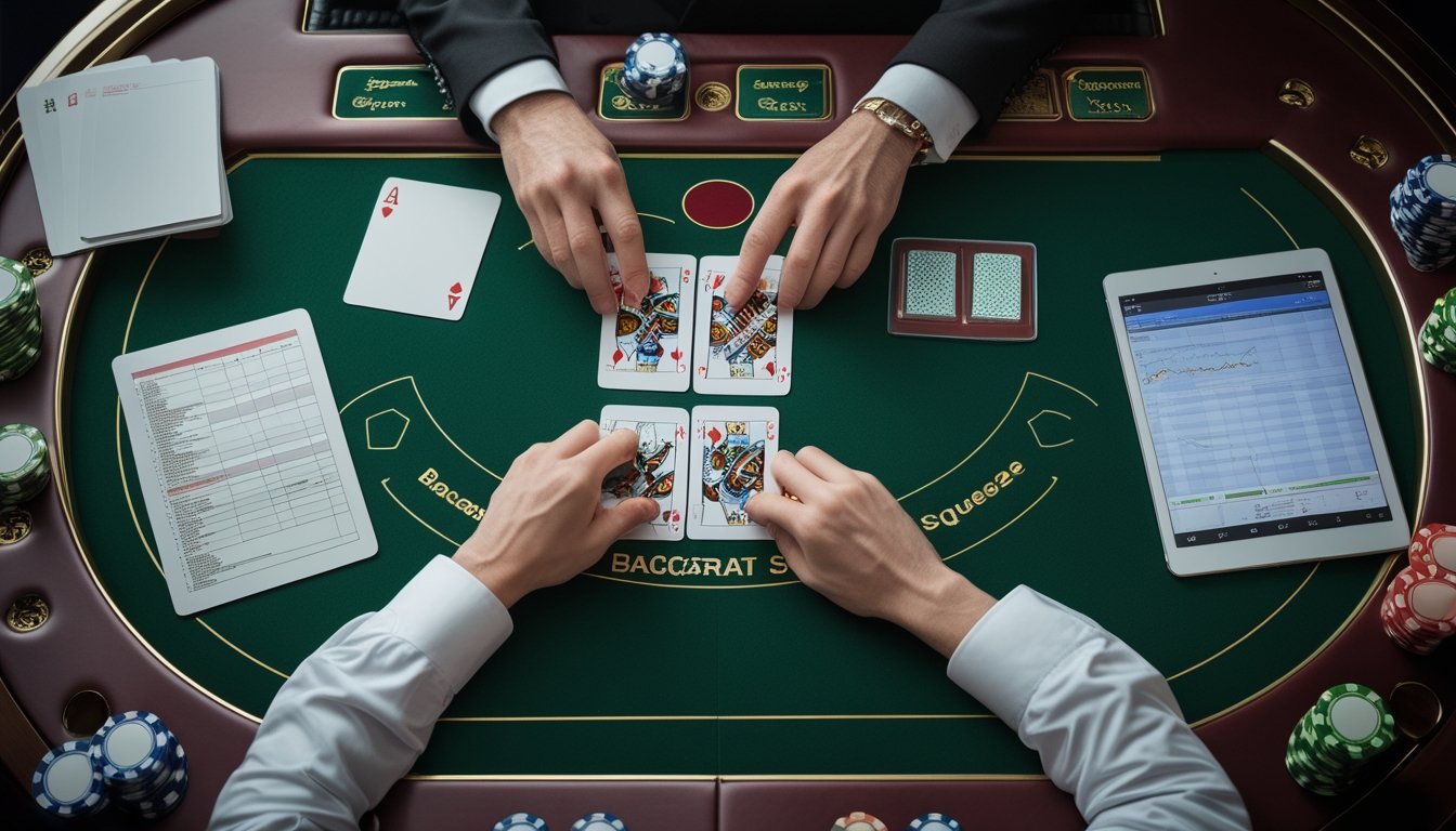 Tangan membuka kartu di meja baccarat dengan kalkulator, grafik statistik, dan keping kasino di sekitarnya.