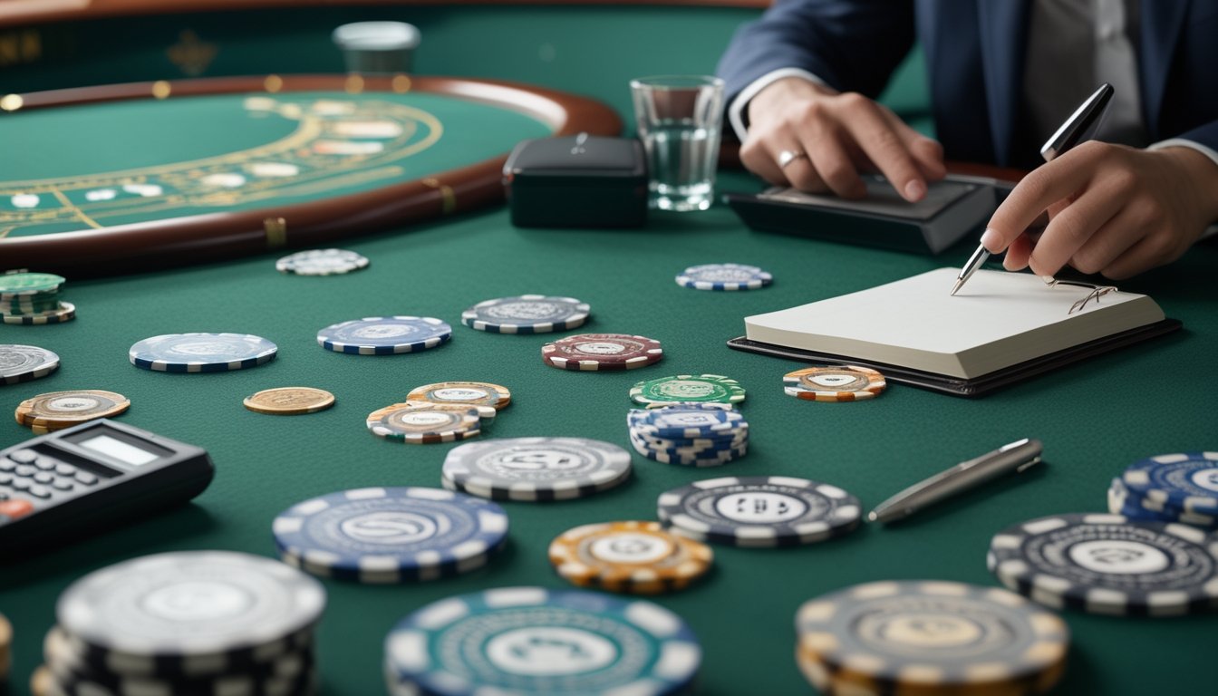 Meja baccarat dengan tumpukan chip tertata, kalkulator, buku catatan kosong, dan pena yang menggambarkan pengelolaan dana secara disiplin.