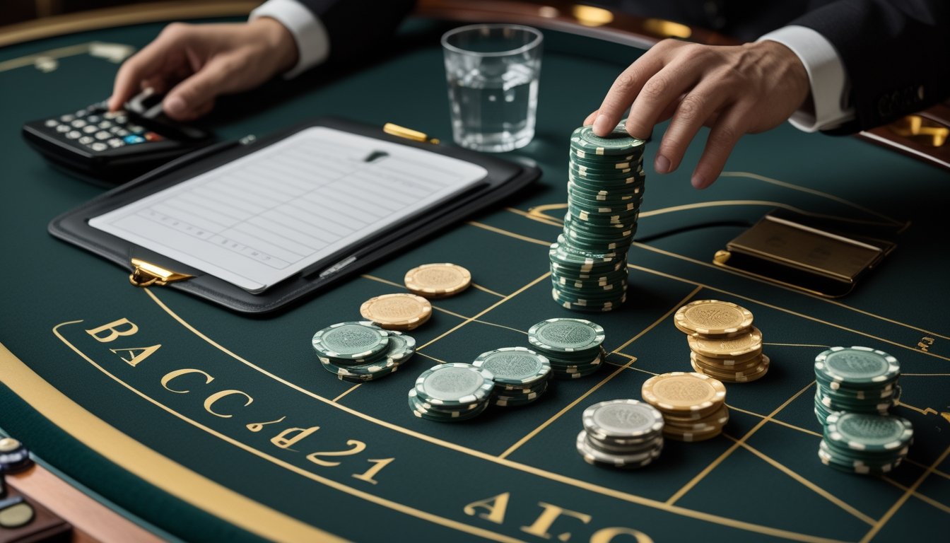 Tumpukan chip kasino tertata rapi di meja baccarat bersama buku anggaran dan kalkulator.