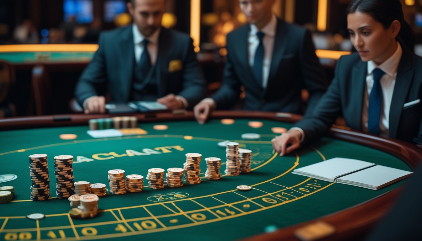 Seorang pemain profesional menganalisis kartu dan keping taruhan di meja baccarat.