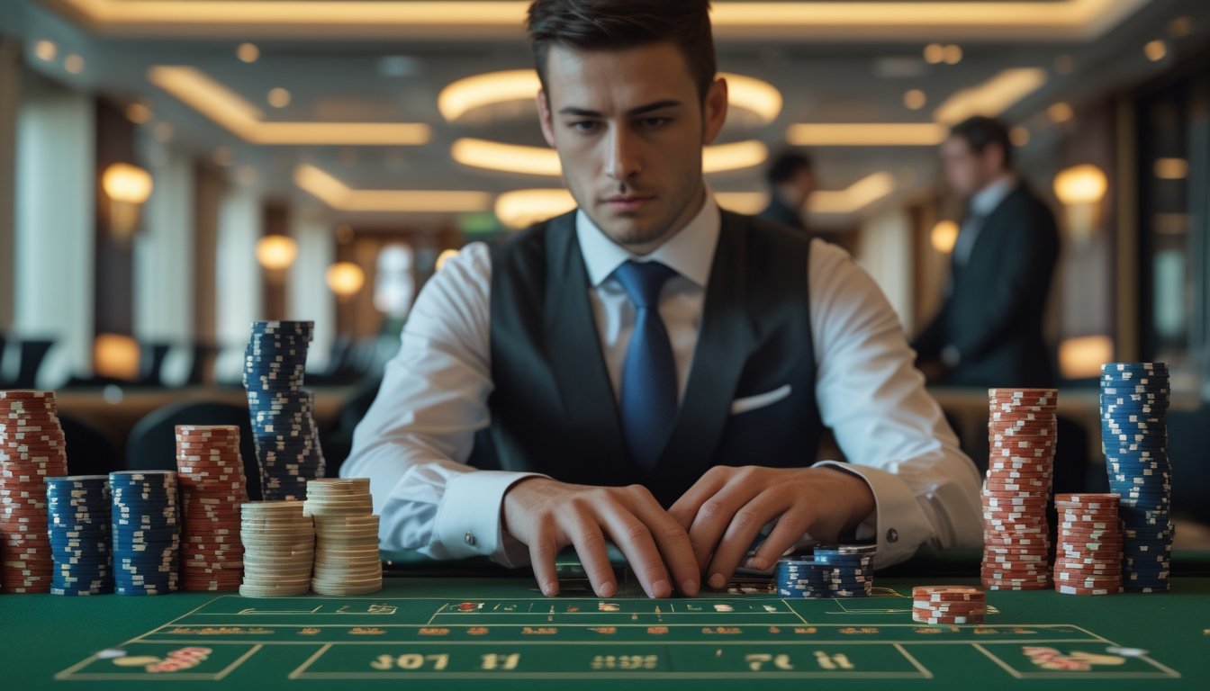 Seorang pemain profesional menganalisis taruhan baccarat di meja kasino dengan kartu dan tumpukan chip.