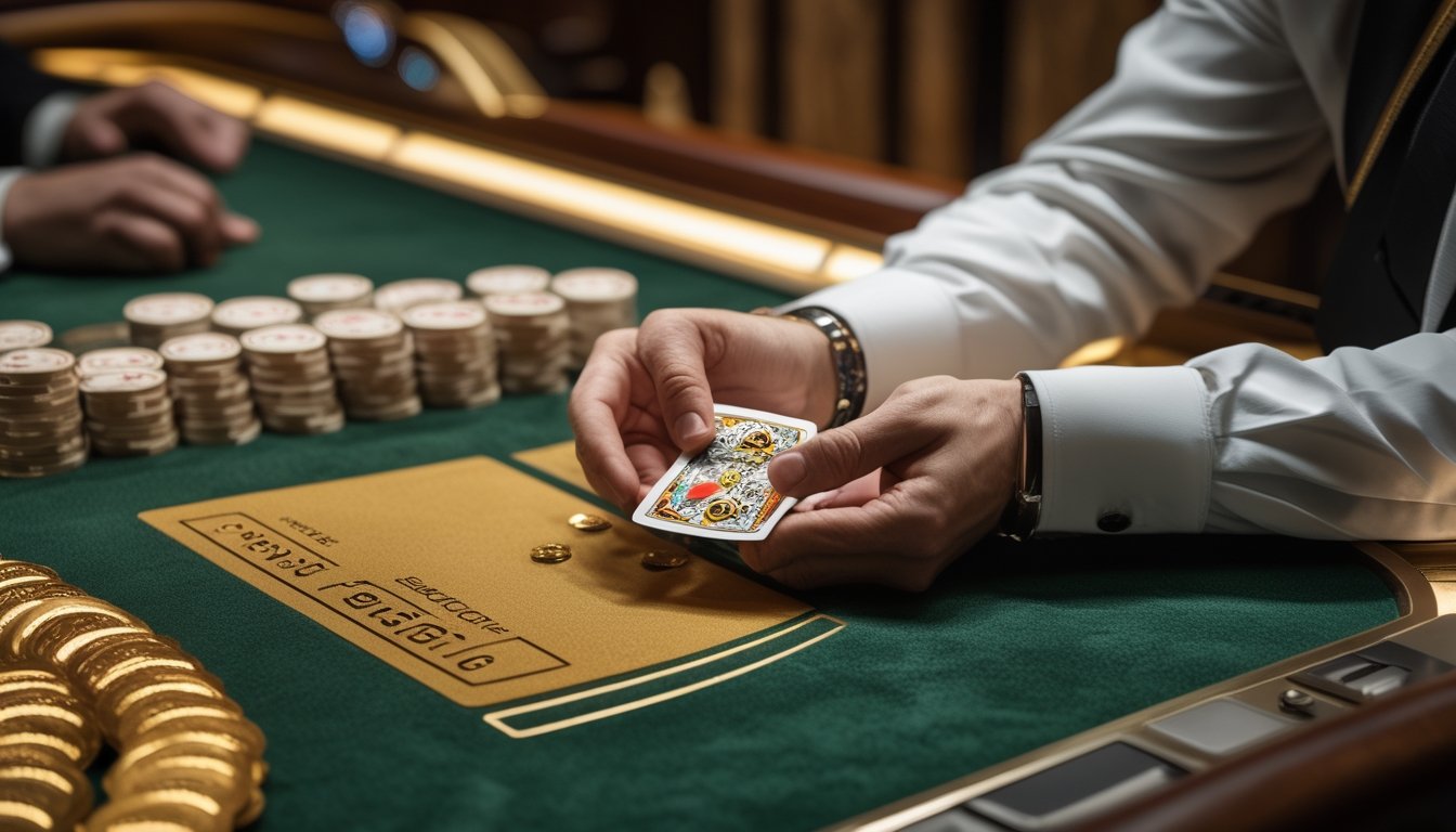 Pemain baccarat dengan fokus membuka kartu perlahan di meja kasino, dengan beberapa keping taruhan di sampingnya.
