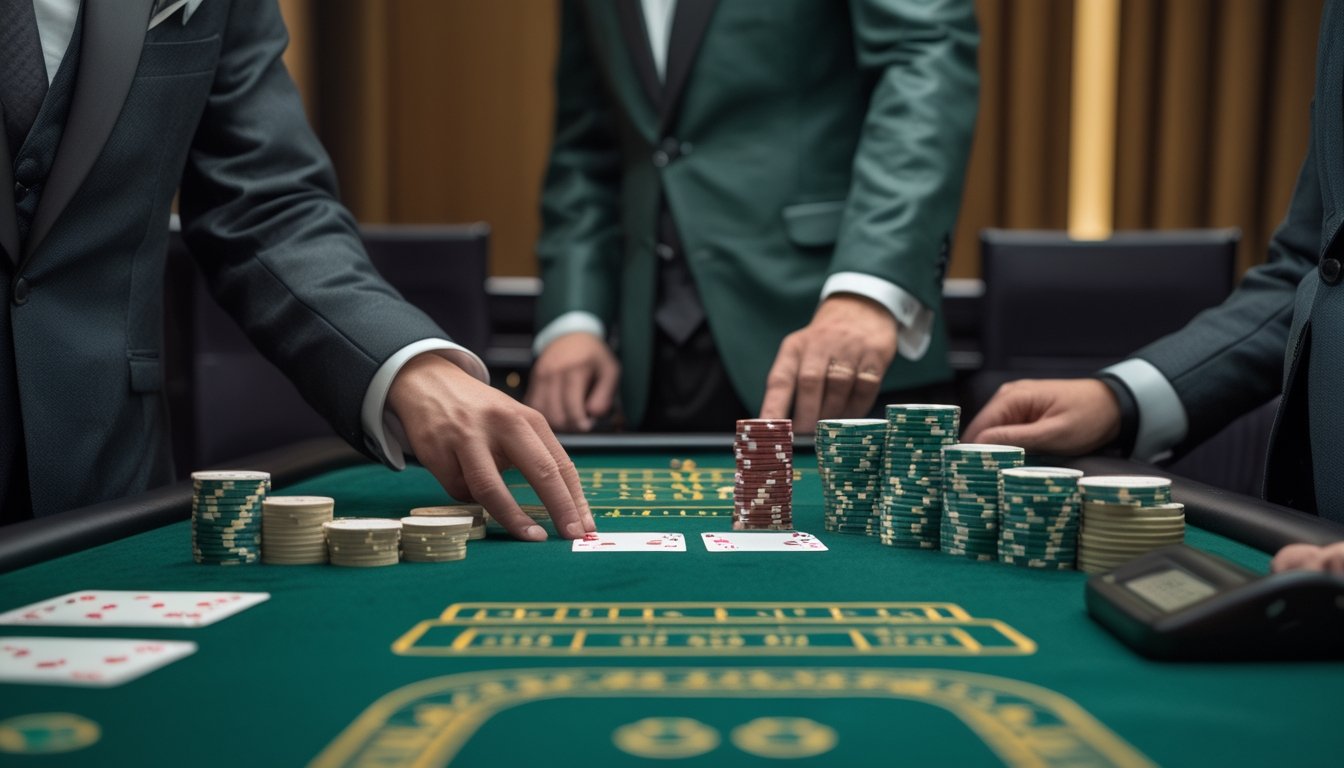 Suasana meja baccarat dengan kartu, tumpukan chip, dealer, dan pemain yang mengamati permainan dengan tenang.